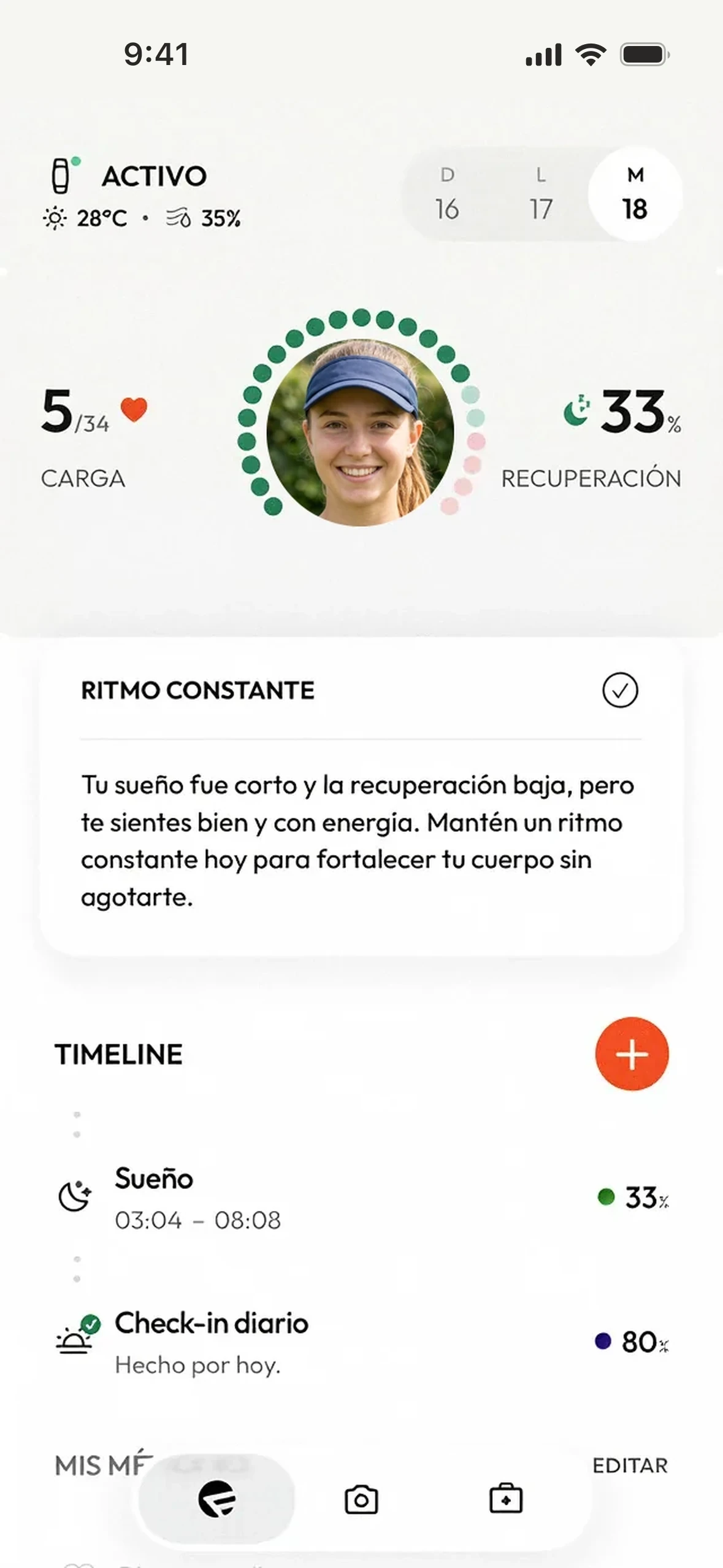 Forma app · home: load, recovery and the day’s timeline